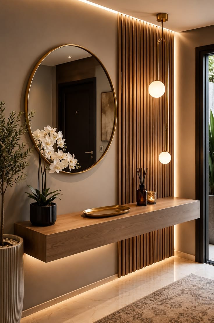 Floating console and fluted wall panel