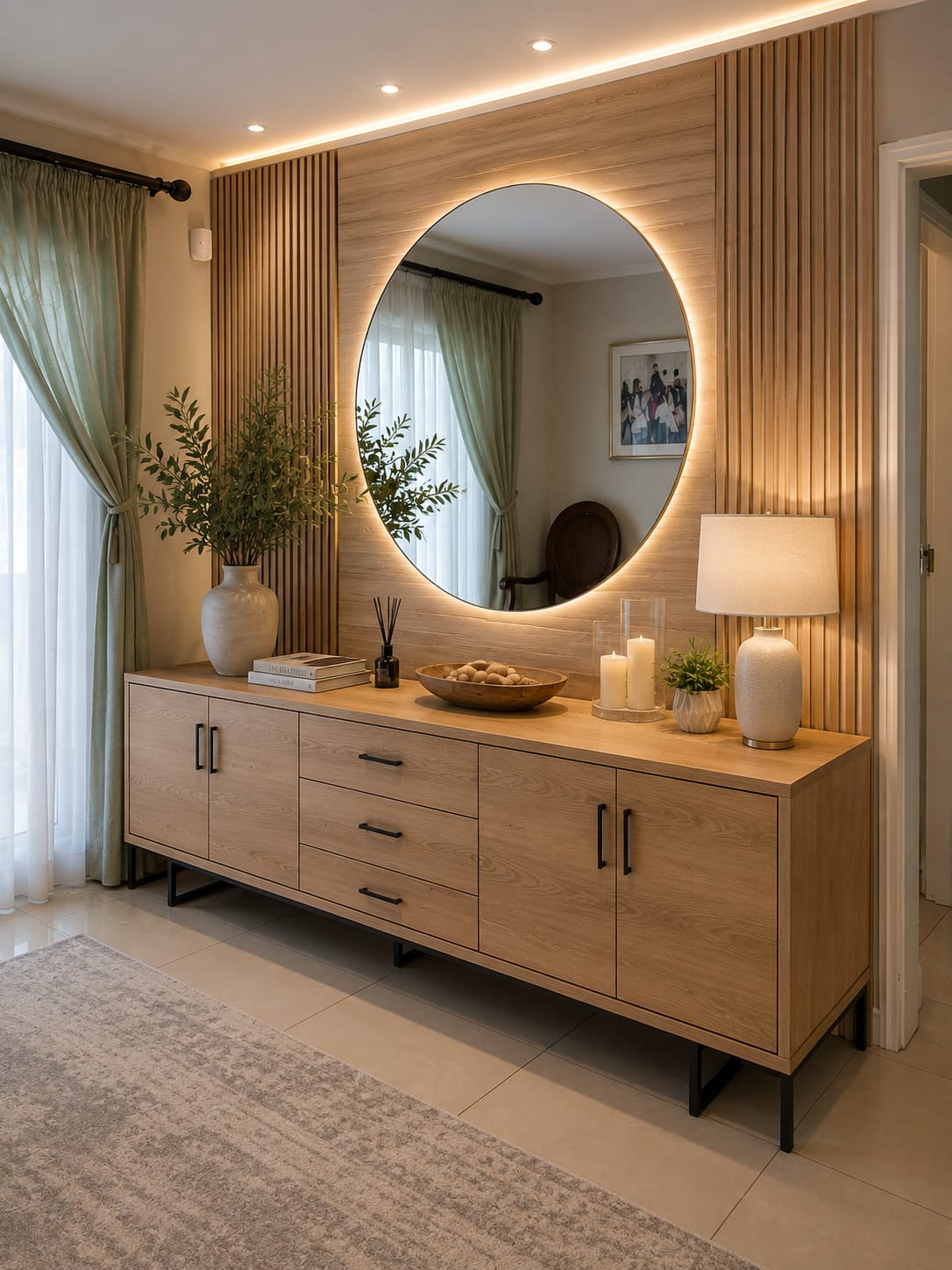Elegant, contemporary entryway console and accent wall set