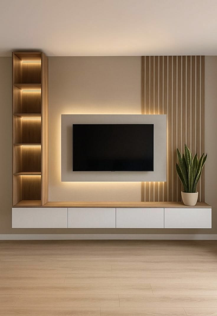 Minimalist floating TV Unit and wall panel set